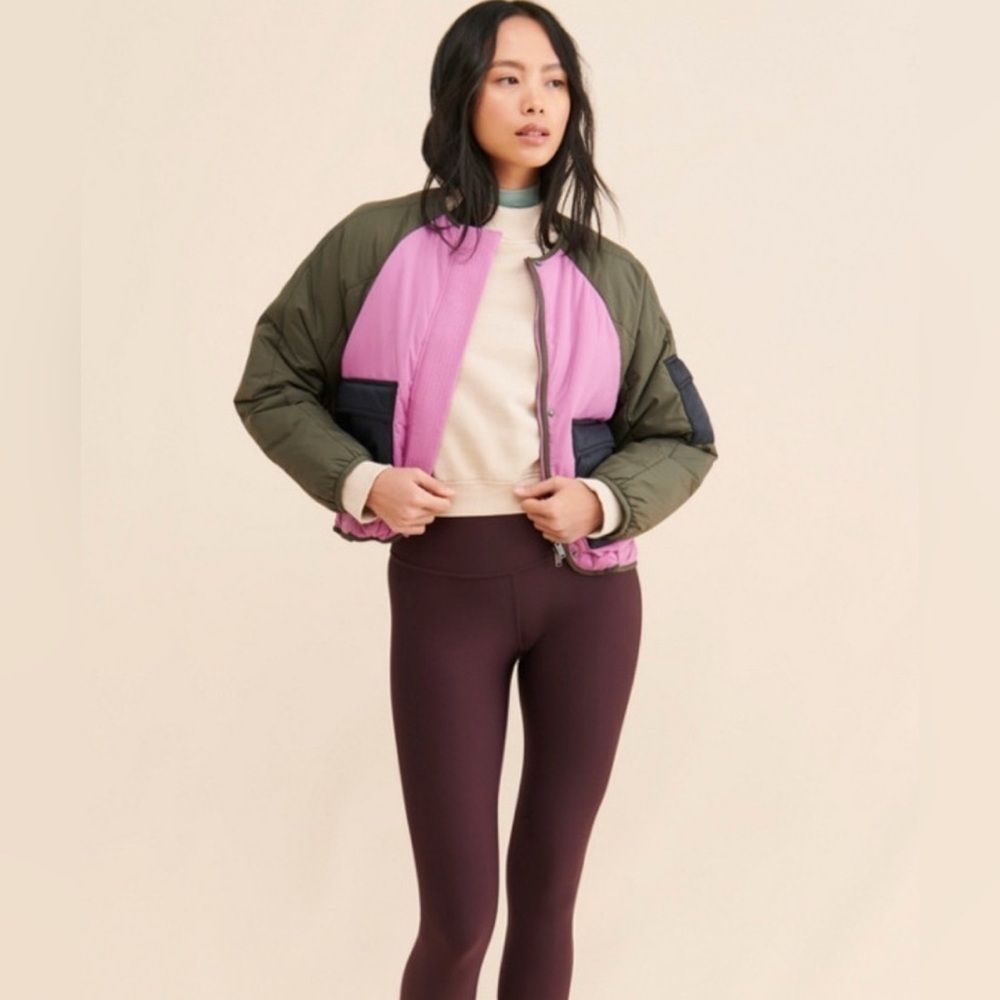 Fp Movement By Free People Pink Green W Black Pockets Bomber Jacket Lrg Euc